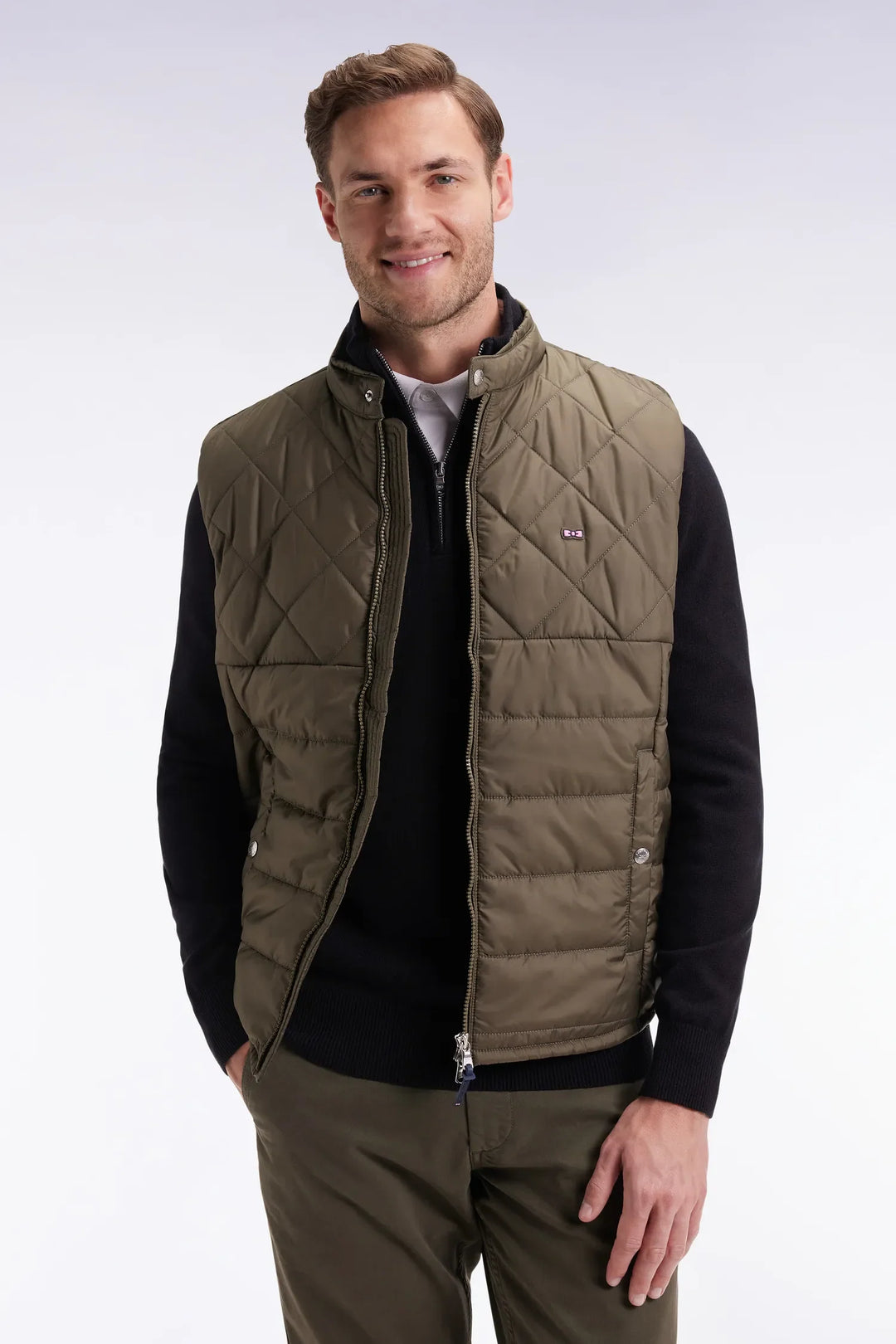 Khaki Quilted Nylon Sleeveless Down Jacket with Biker Collar