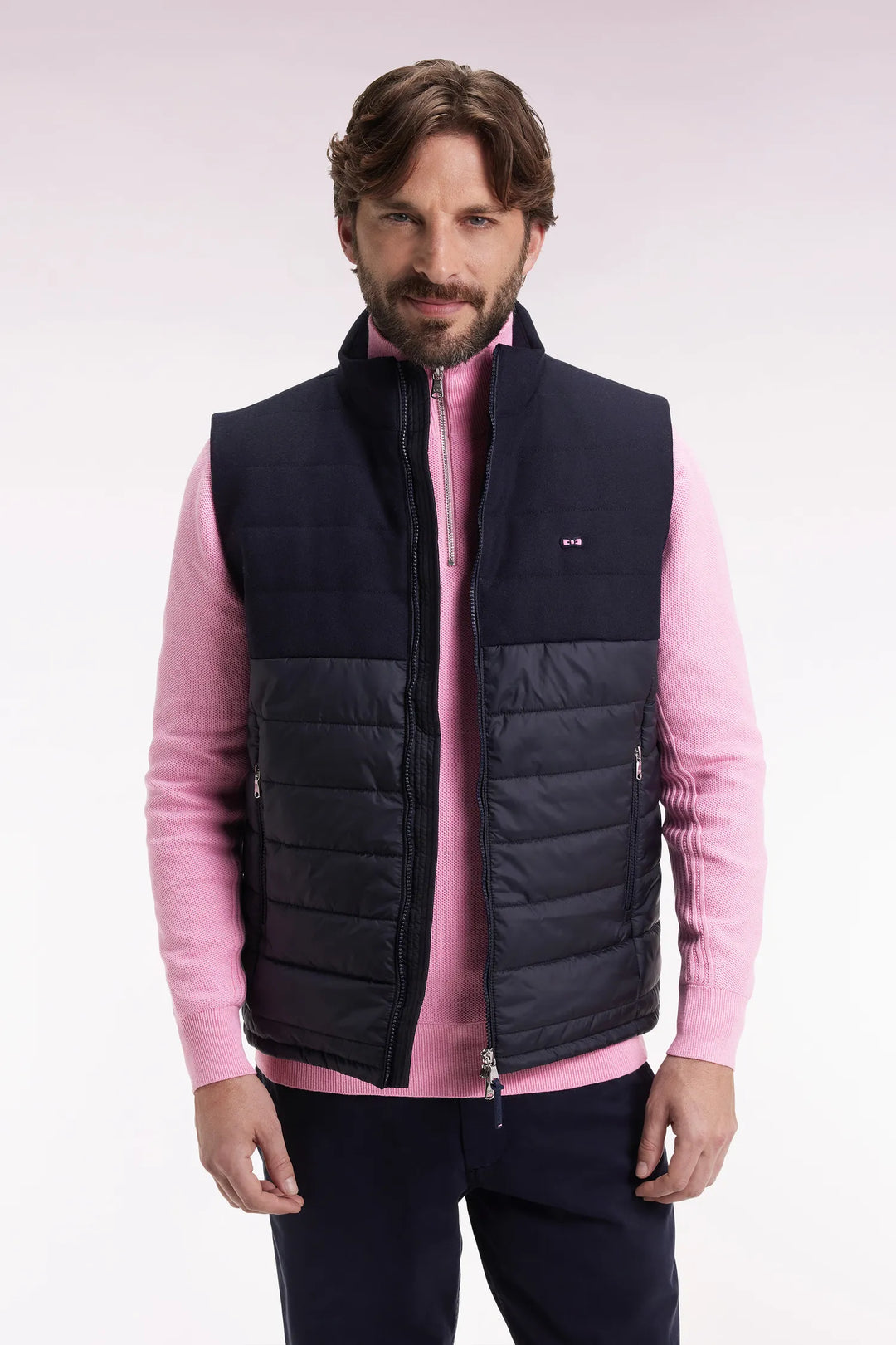 Sleeveless Double-Material Down Jacket in Nylon and Navy Flannel