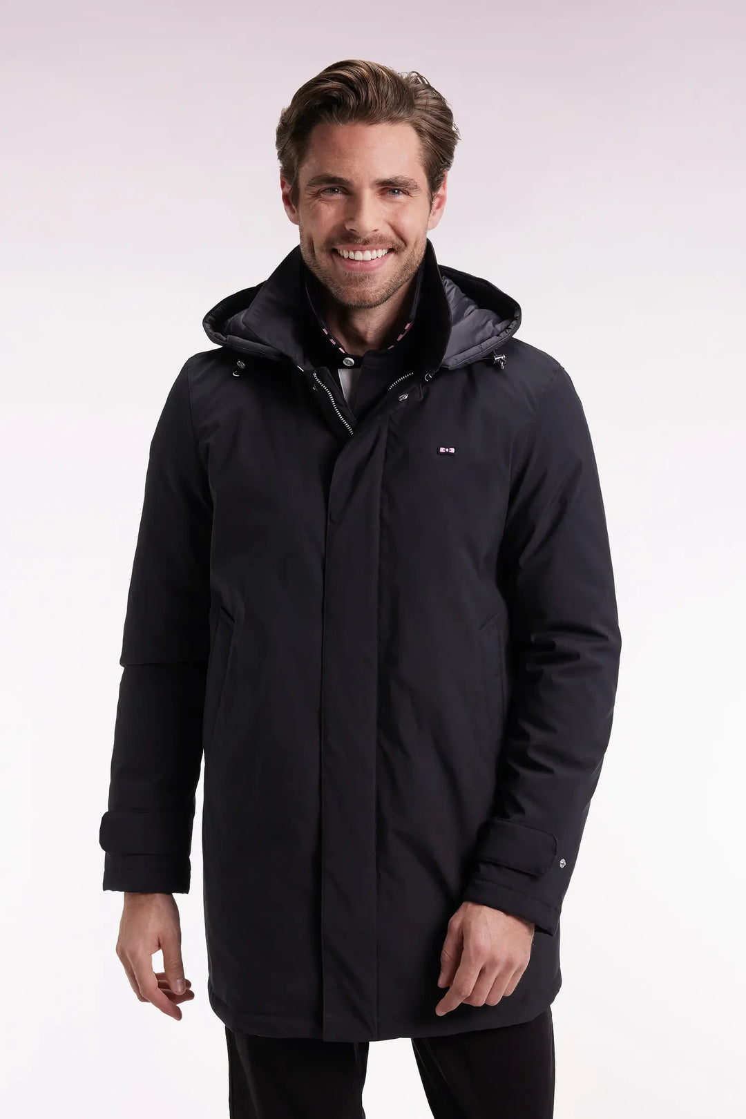 Long Black Nylon Raincoat with Removable Hood