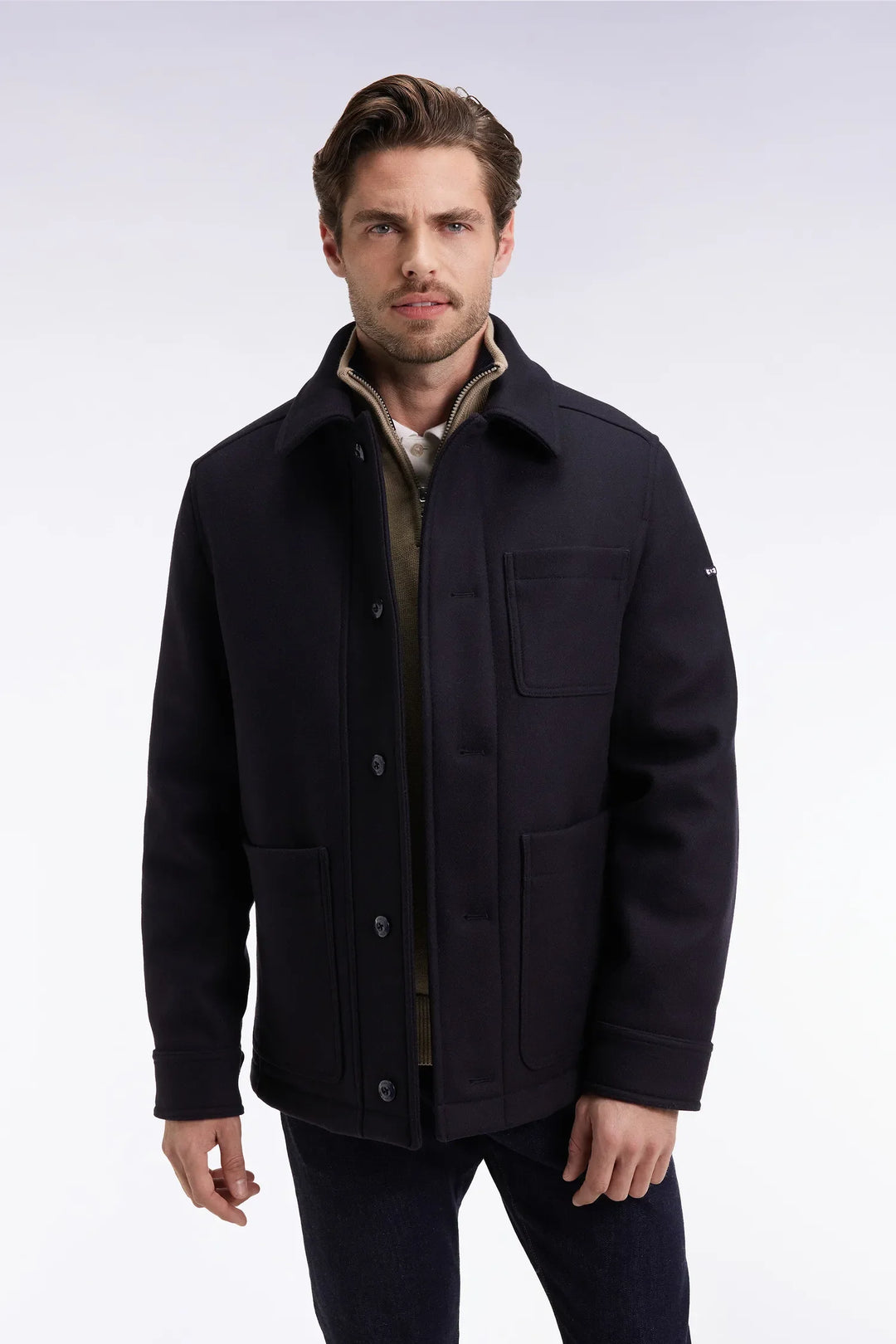 Zipped Navy Wool Twill Overshirt with Patch Pockets