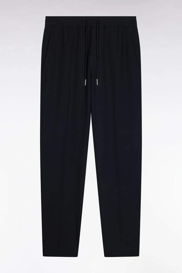 Elasticated Waist Trousers in Navy Technical Stretch Nylon with a Modern Fit