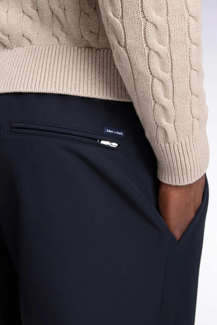 Elasticated Waist Trousers in Navy Technical Stretch Nylon with a Modern Fit