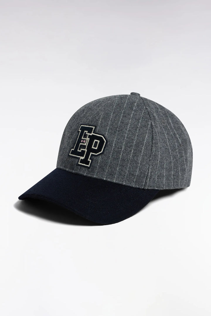 Bi-Material Cap in Grey Striped Wool Cloth with EP Patch