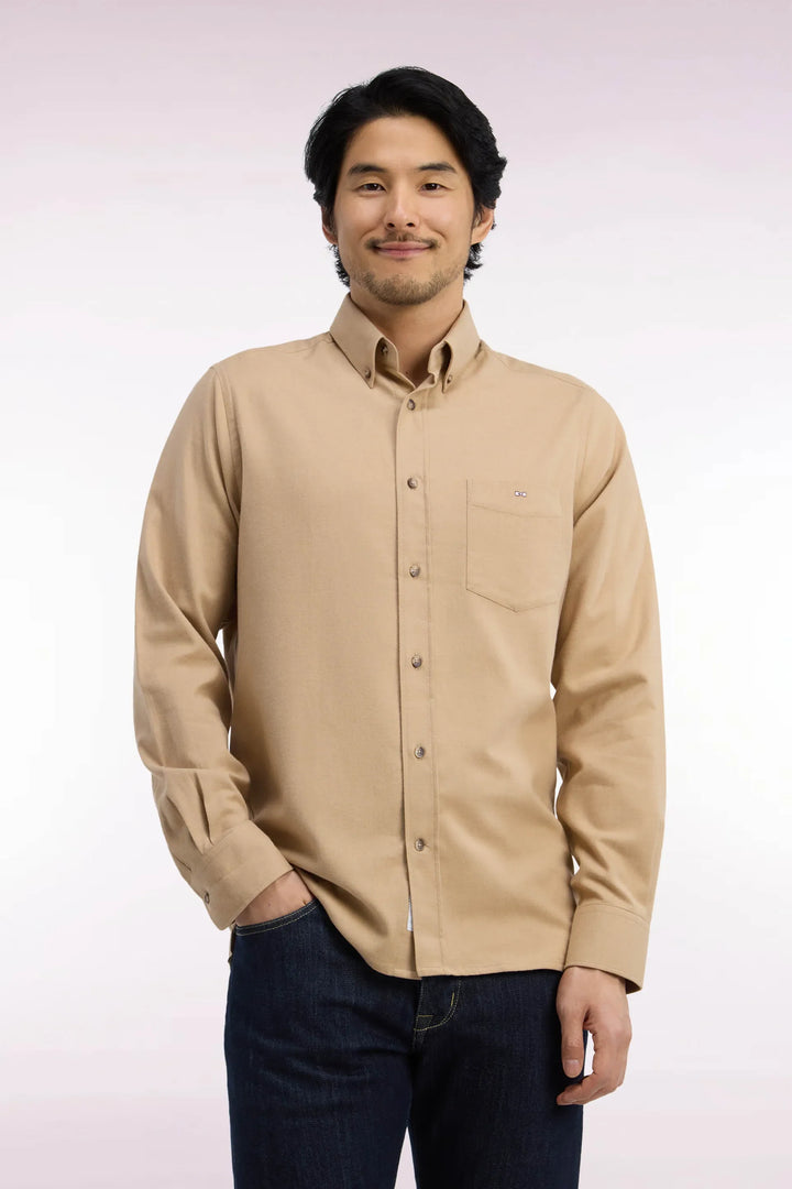 Plain Caramel Cotton Shirt with a Straight Cut