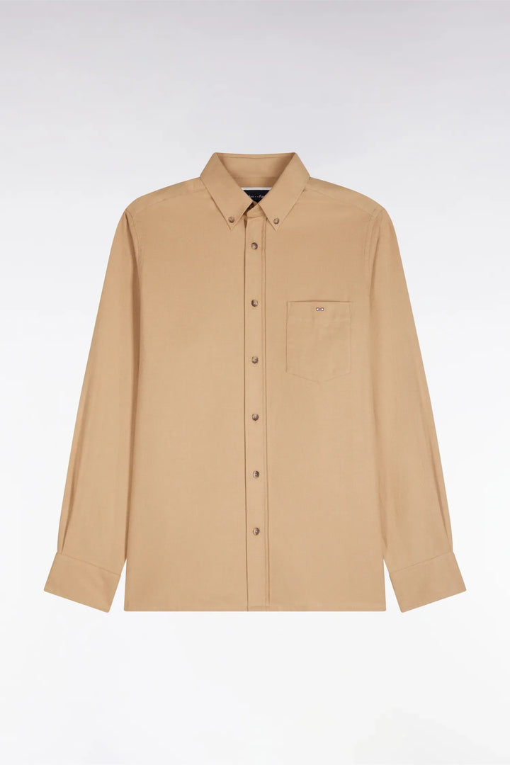 Plain Caramel Cotton Shirt with a Straight Cut