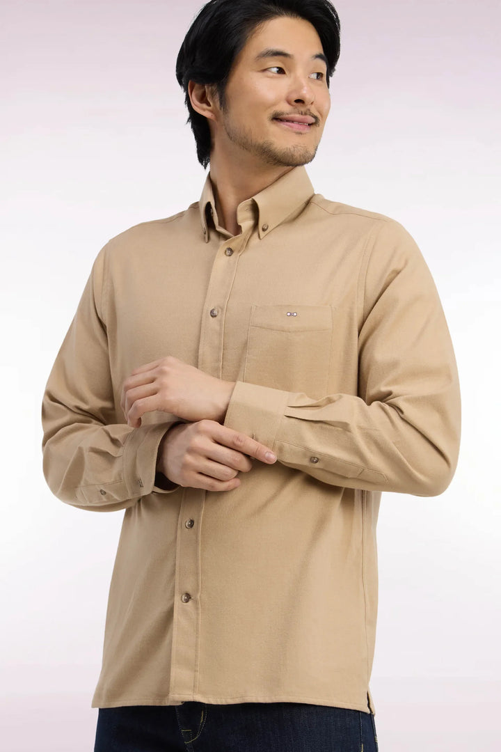 Plain Caramel Cotton Shirt with a Straight Cut