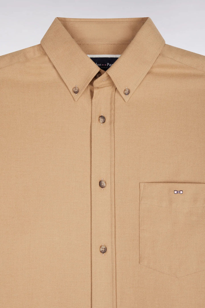 Plain Caramel Cotton Shirt with a Straight Cut