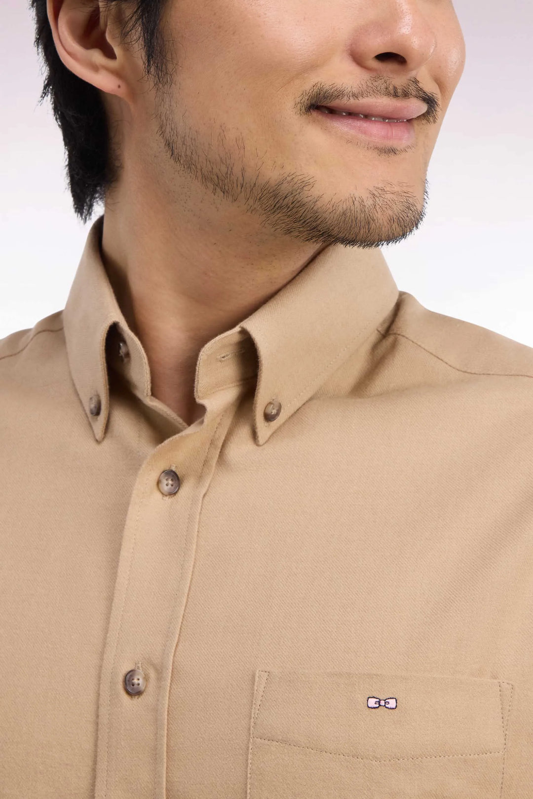 Plain Caramel Cotton Shirt with a Straight Cut
