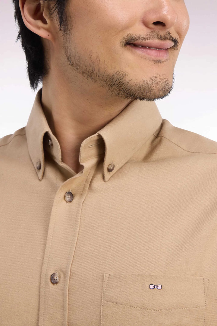 Plain Caramel Cotton Shirt with a Straight Cut