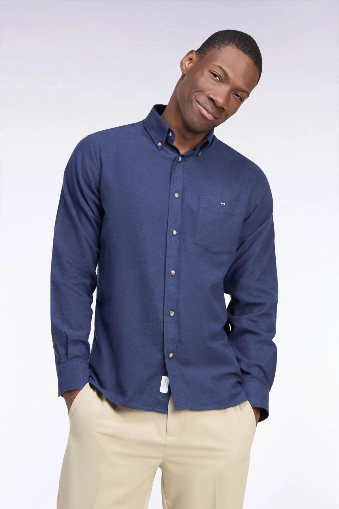 Plain Navy Cotton Shirt with a Straight Cut