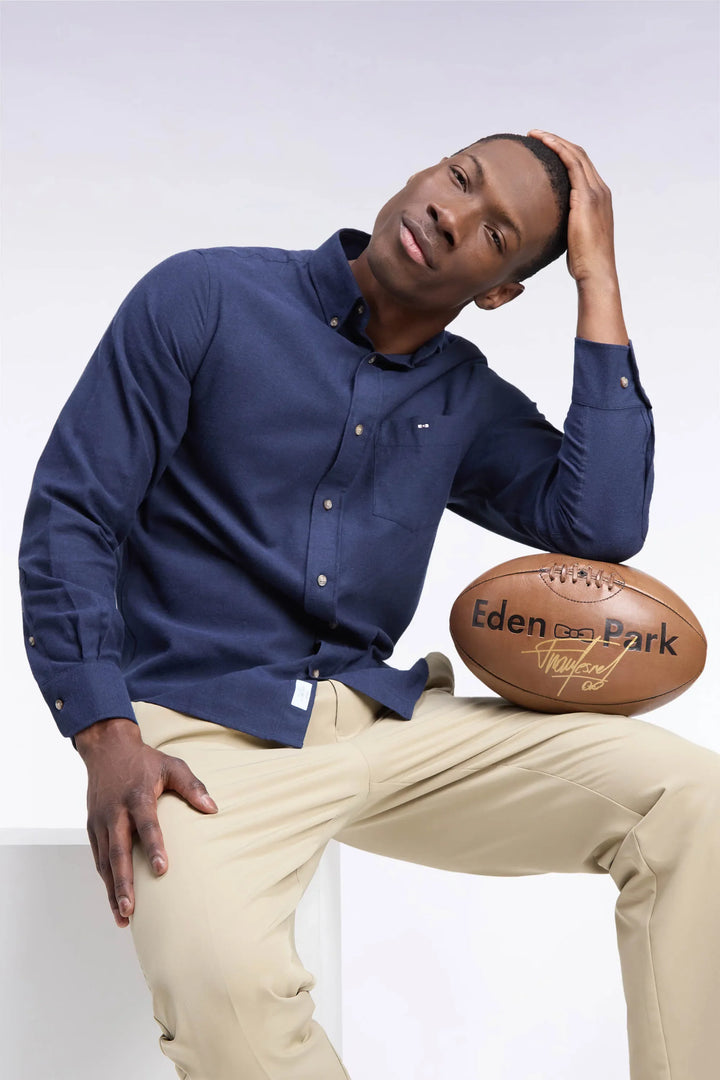 Plain Navy Cotton Shirt with a Straight Cut