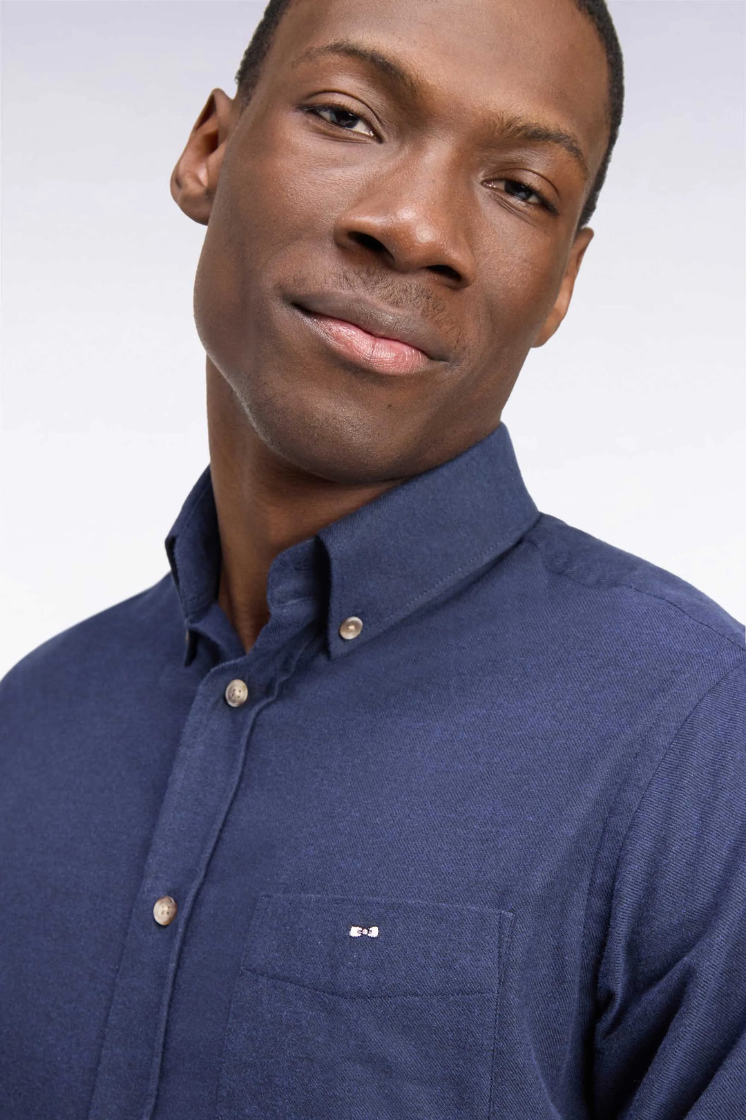 Plain Navy Cotton Shirt with a Straight Cut