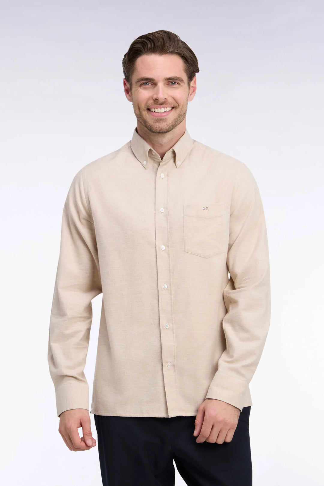 Plain Camel Cotton Shirt with a Straight Cut