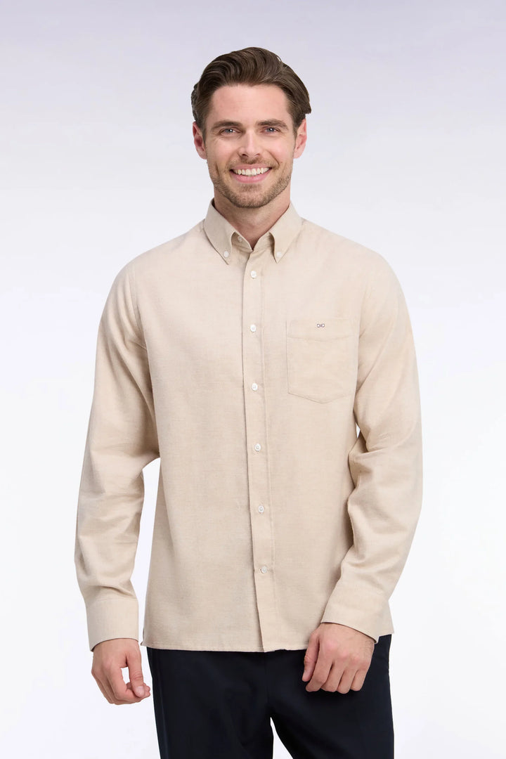 Plain Camel Cotton Shirt with a Straight Cut