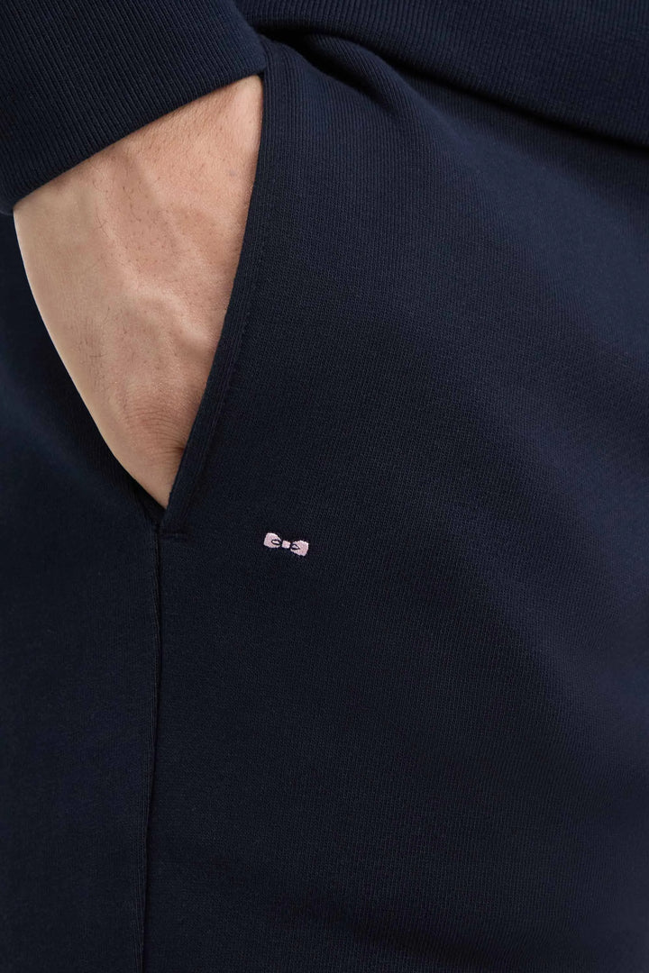 Plain Navy Cotton Fleece Joggers with a Straight Cut