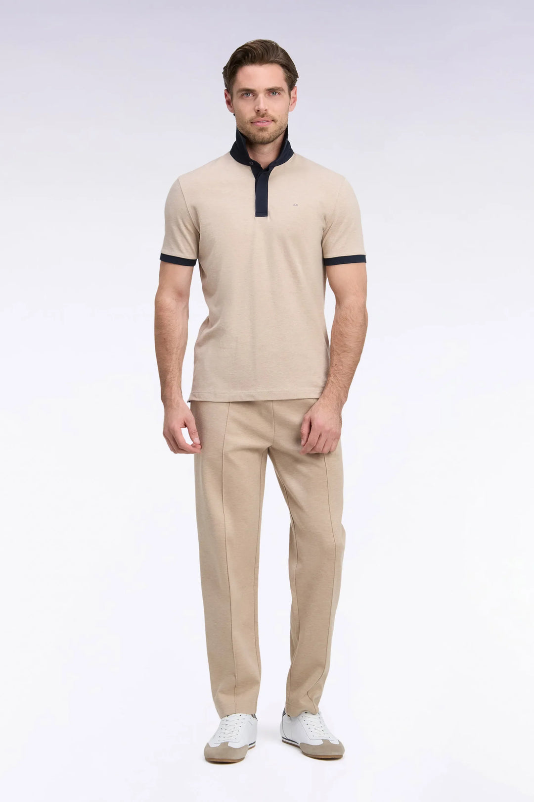 Beige Stretch Cotton Interlock Joggers with a Straight Cut