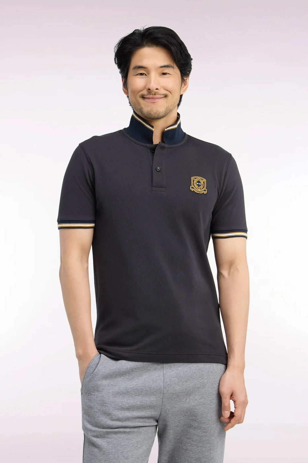 Short-Sleeved Polo Shirt in Brown Combed Cotton Piqué with Straight-Cut Patch