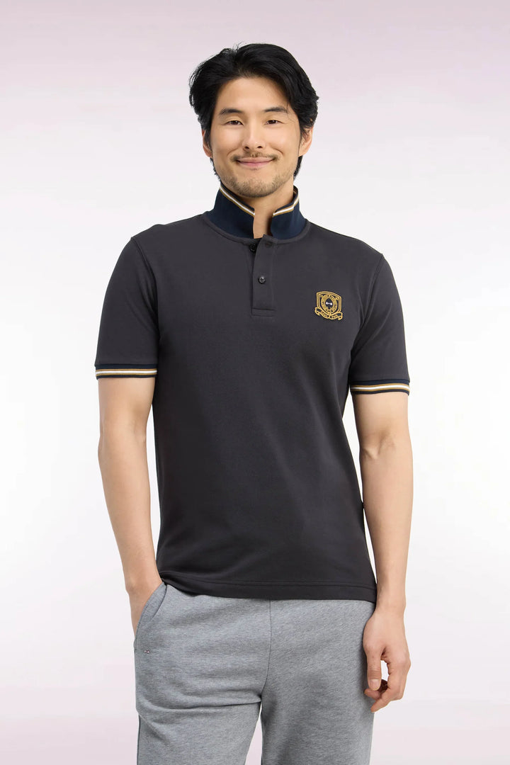 Short-Sleeved Polo Shirt in Brown Combed Cotton Piqué with Straight-Cut Patch