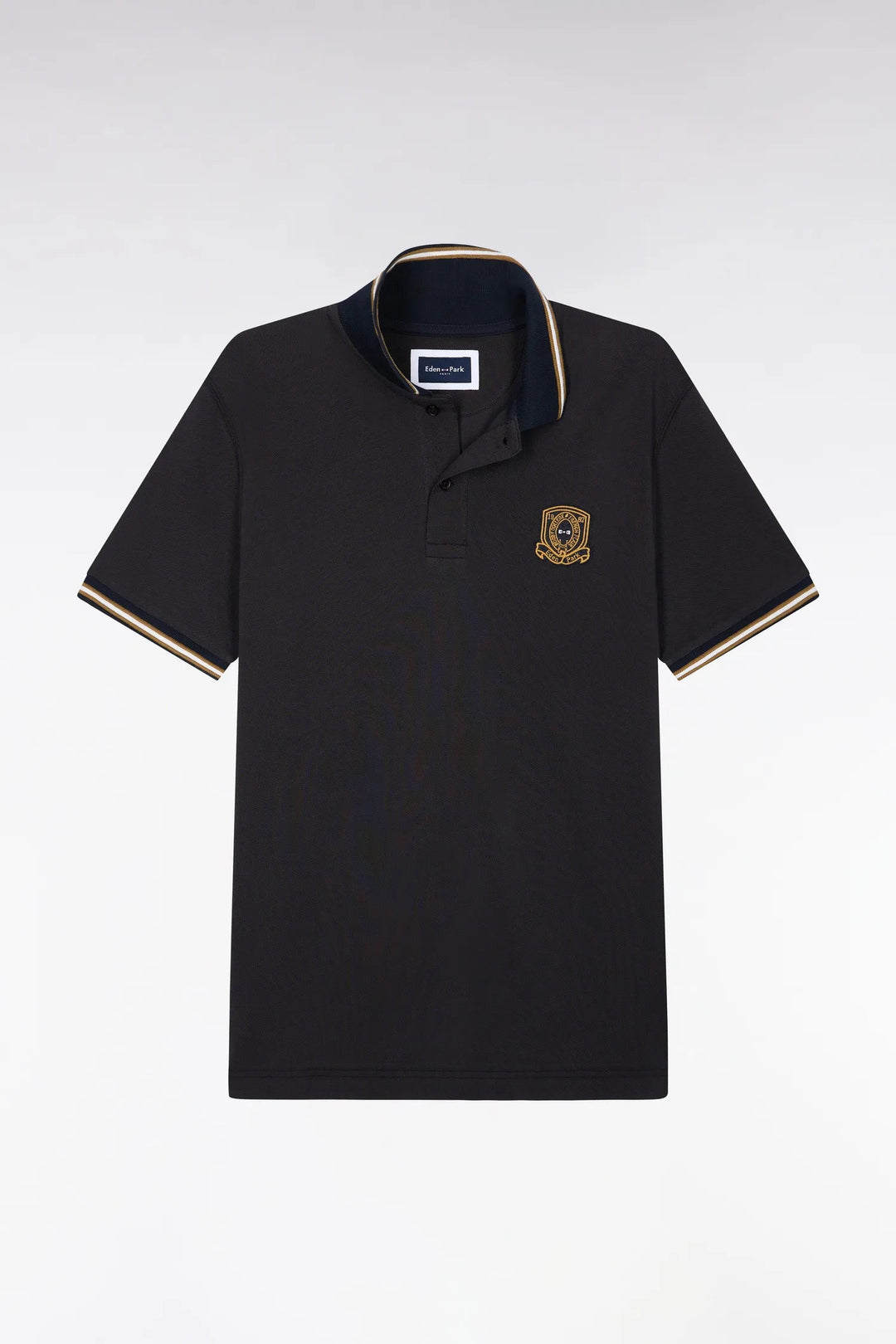 Short-Sleeved Polo Shirt in Brown Combed Cotton Piqué with Straight-Cut Patch