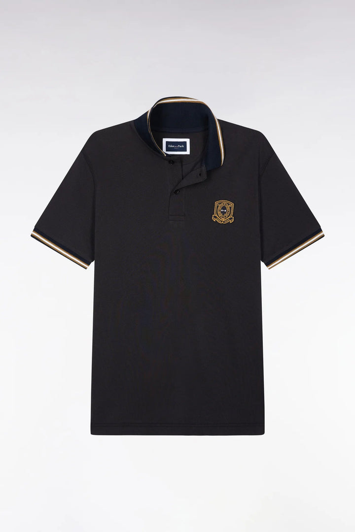 Short-Sleeved Polo Shirt in Brown Combed Cotton Piqué with Straight-Cut Patch