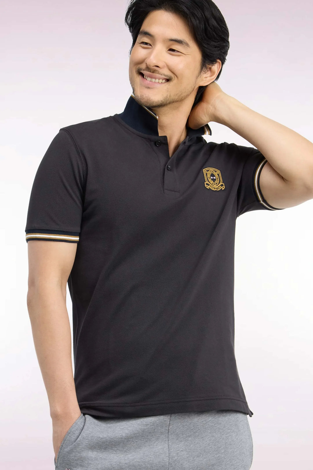 Short-Sleeved Polo Shirt in Brown Combed Cotton Piqué with Straight-Cut Patch