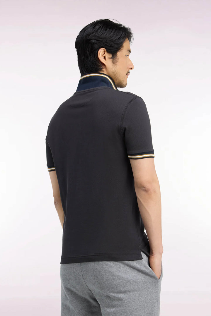 Short-Sleeved Polo Shirt in Brown Combed Cotton Piqué with Straight-Cut Patch