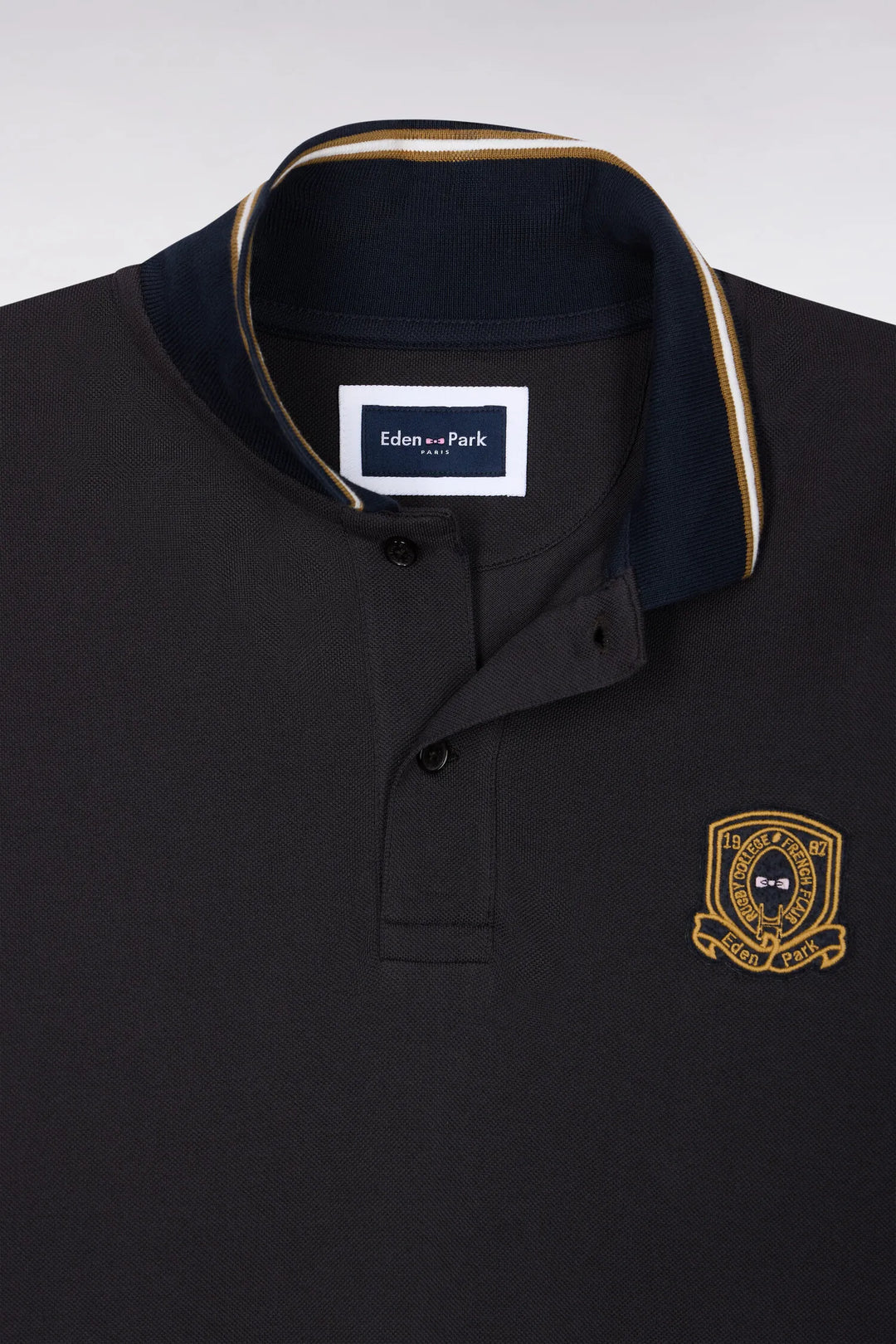 Short-Sleeved Polo Shirt in Brown Combed Cotton Piqué with Straight-Cut Patch