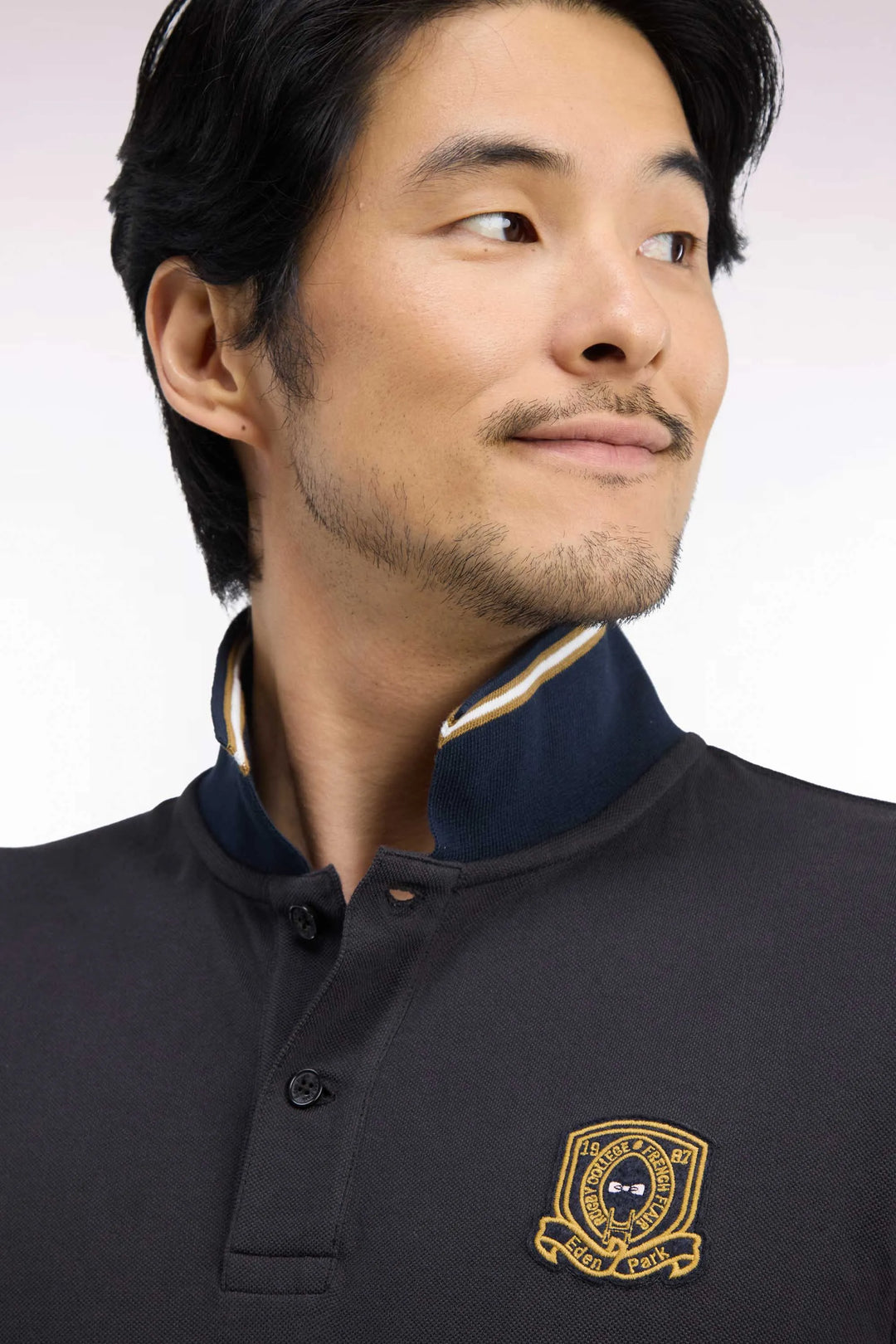 Short-Sleeved Polo Shirt in Brown Combed Cotton Piqué with Straight-Cut Patch