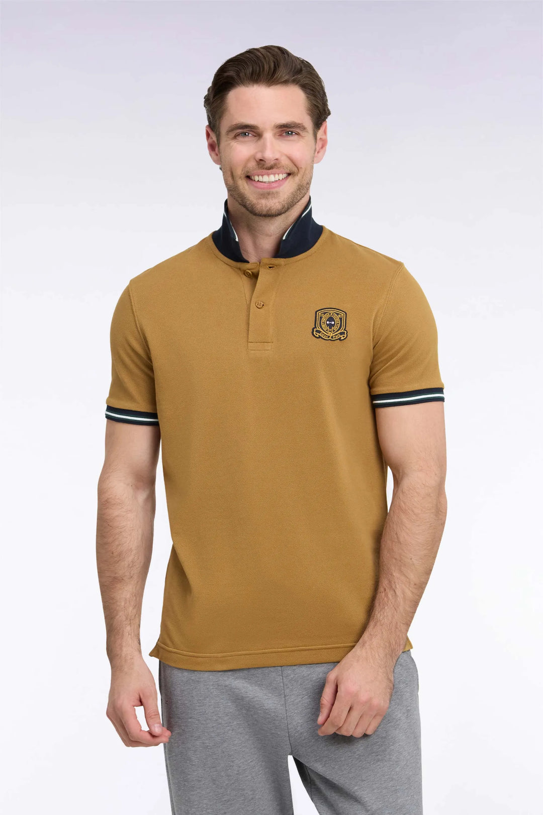 Short-Sleeved Polo Shirt in Camel Combed Cotton Piqué with Straight-Cut Patch
