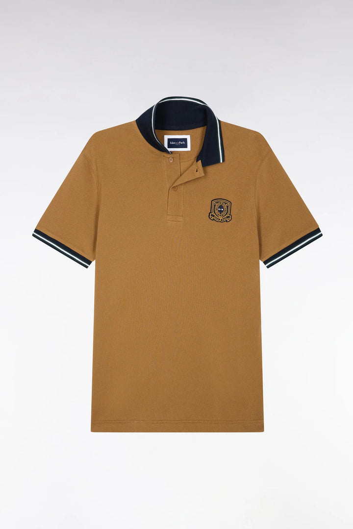 Short-Sleeved Polo Shirt in Camel Combed Cotton Piqué with Straight-Cut Patch