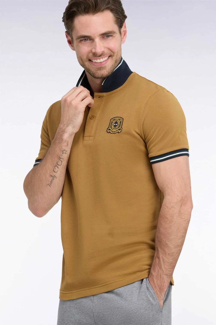 Short-Sleeved Polo Shirt in Camel Combed Cotton Piqué with Straight-Cut Patch