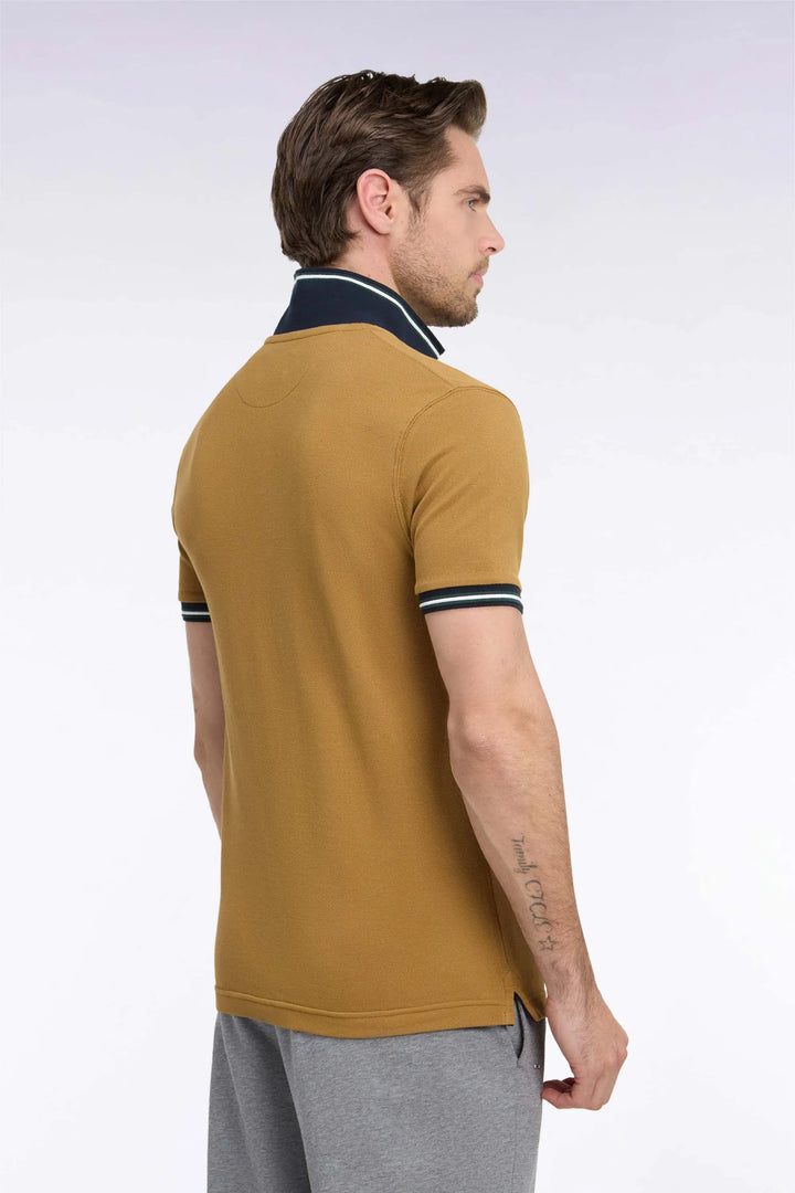Short-Sleeved Polo Shirt in Camel Combed Cotton Piqué with Straight-Cut Patch