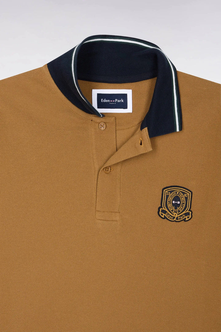 Short-Sleeved Polo Shirt in Camel Combed Cotton Piqué with Straight-Cut Patch