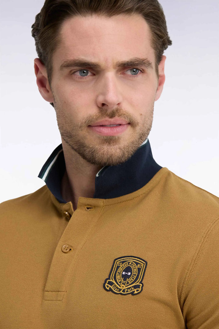 Short-Sleeved Polo Shirt in Camel Combed Cotton Piqué with Straight-Cut Patch