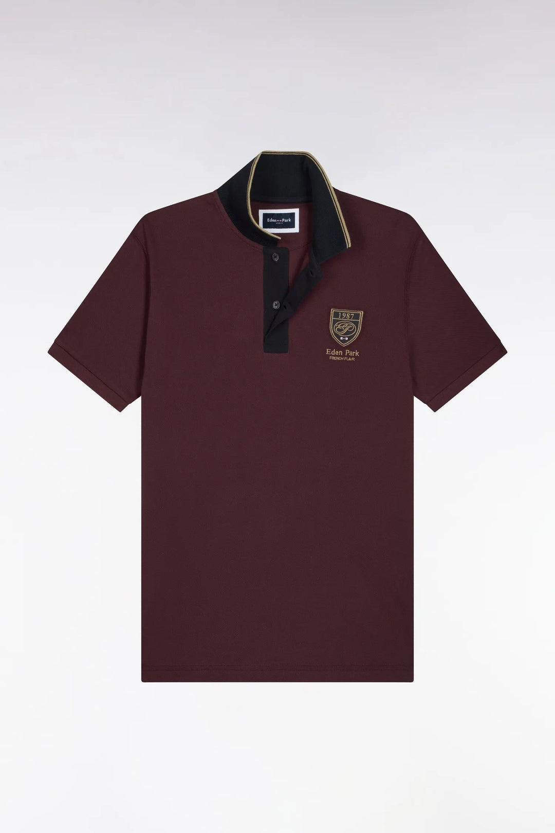 Short-Sleeved Polo Shirt in Burgundy Cotton Piqué with Straight-Cut Patch