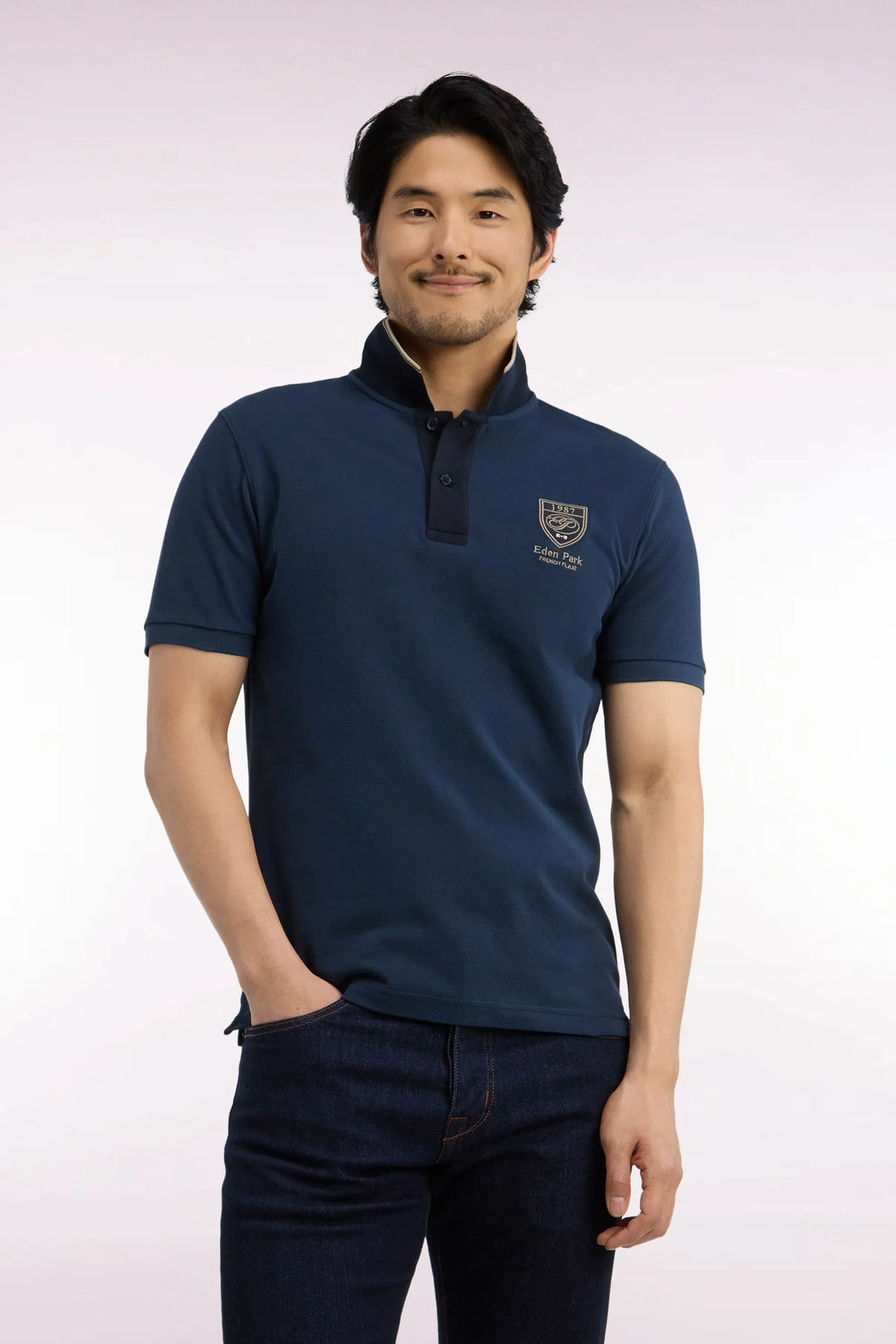 Short-Sleeved Polo Shirt in Blue Grey Cotton Piqué with Straight-Cut Patch