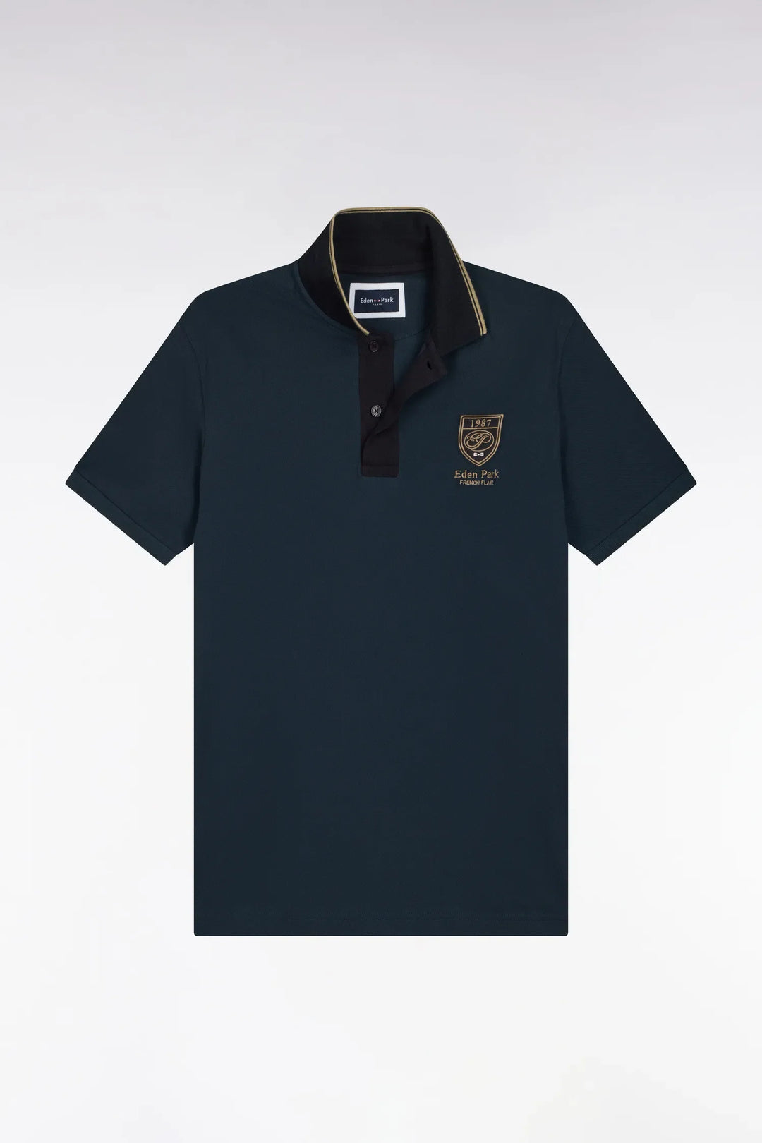 Short-Sleeved Polo Shirt in Blue Grey Cotton Piqué with Straight-Cut Patch