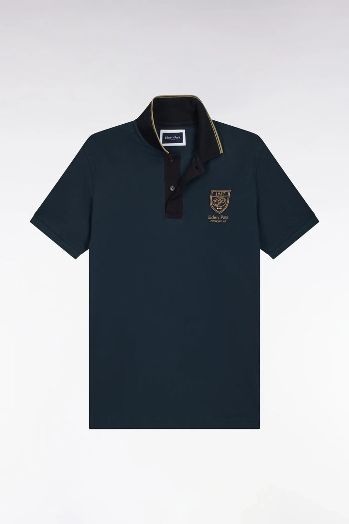 Short-Sleeved Polo Shirt in Blue Grey Cotton Piqué with Straight-Cut Patch