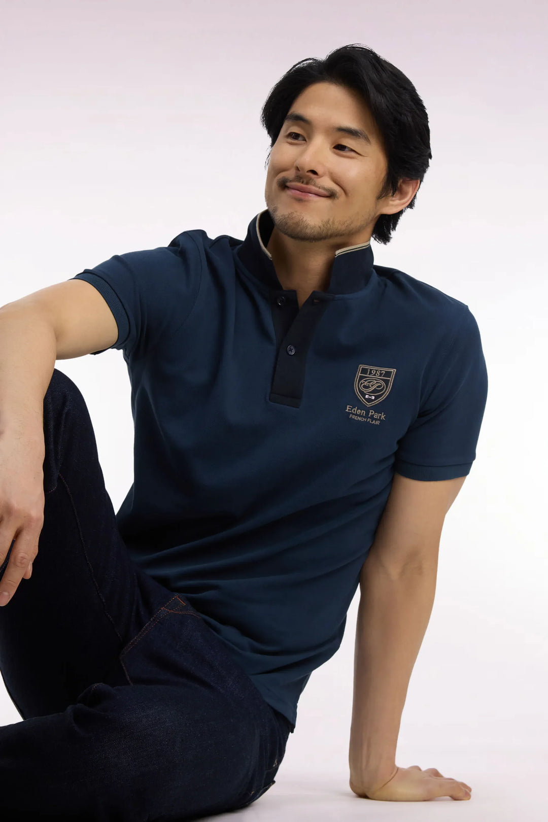 Short-Sleeved Polo Shirt in Blue Grey Cotton Piqué with Straight-Cut Patch