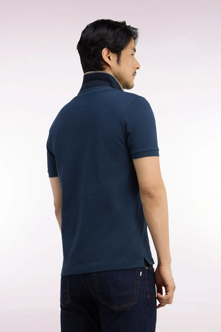 Short-Sleeved Polo Shirt in Blue Grey Cotton Piqué with Straight-Cut Patch