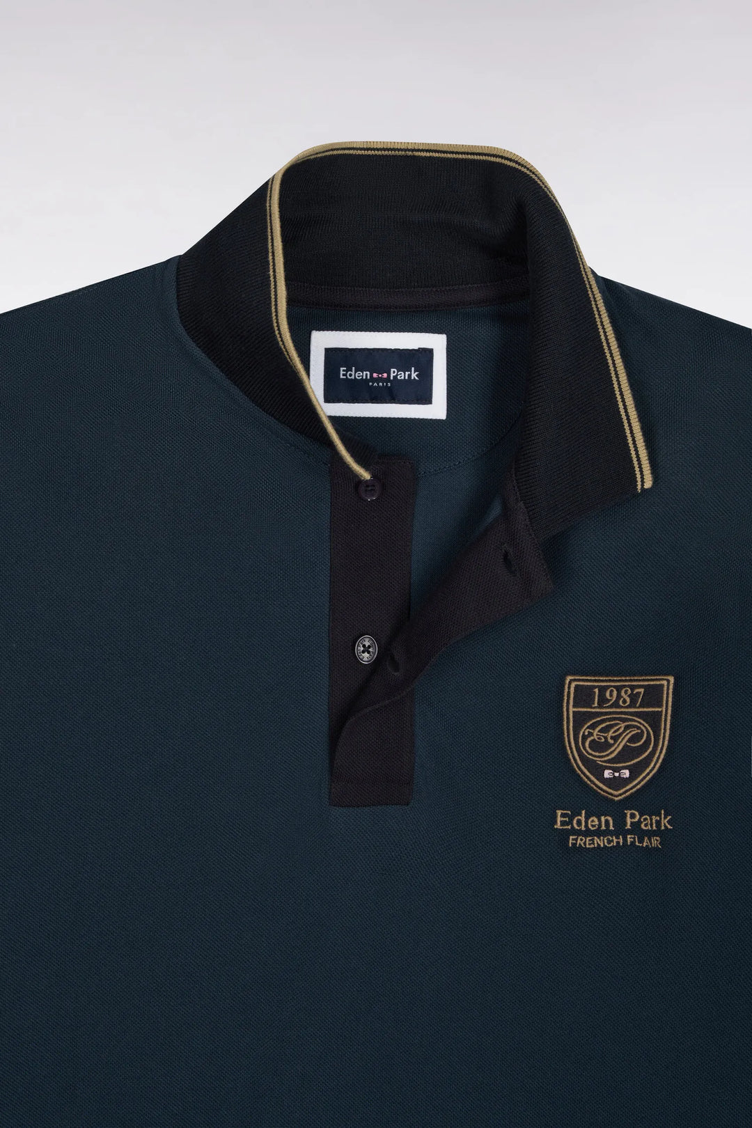 Short-Sleeved Polo Shirt in Blue Grey Cotton Piqué with Straight-Cut Patch