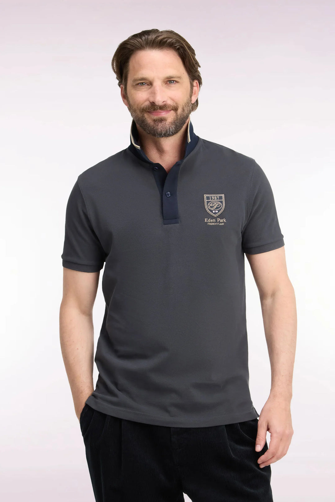 Short-Sleeved Polo Shirt in Dark Grey Cotton with Straight-Cut Patch