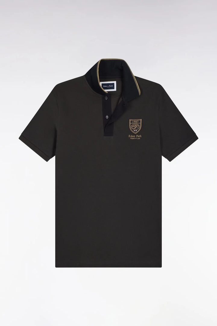 Short-Sleeved Polo Shirt in Dark Grey Cotton with Straight-Cut Patch