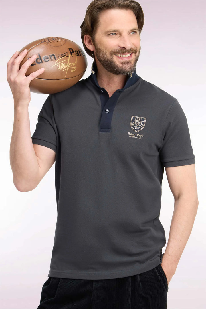 Short-Sleeved Polo Shirt in Dark Grey Cotton with Straight-Cut Patch