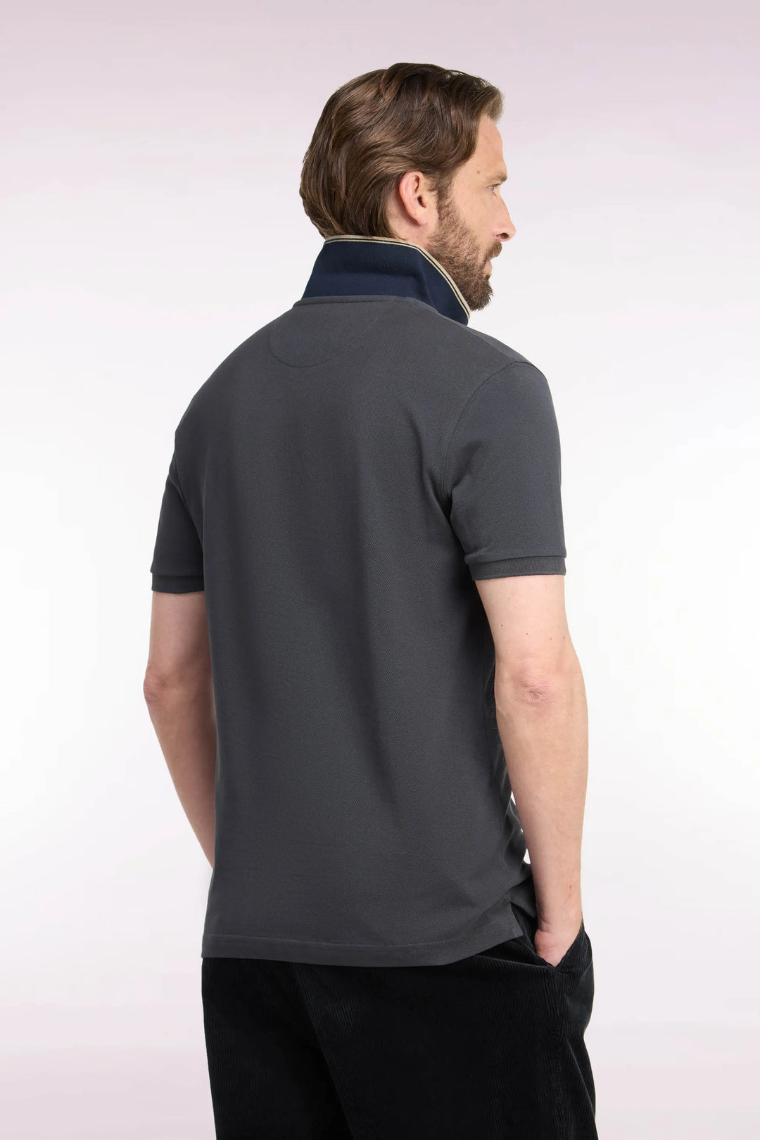 Short-Sleeved Polo Shirt in Dark Grey Cotton with Straight-Cut Patch