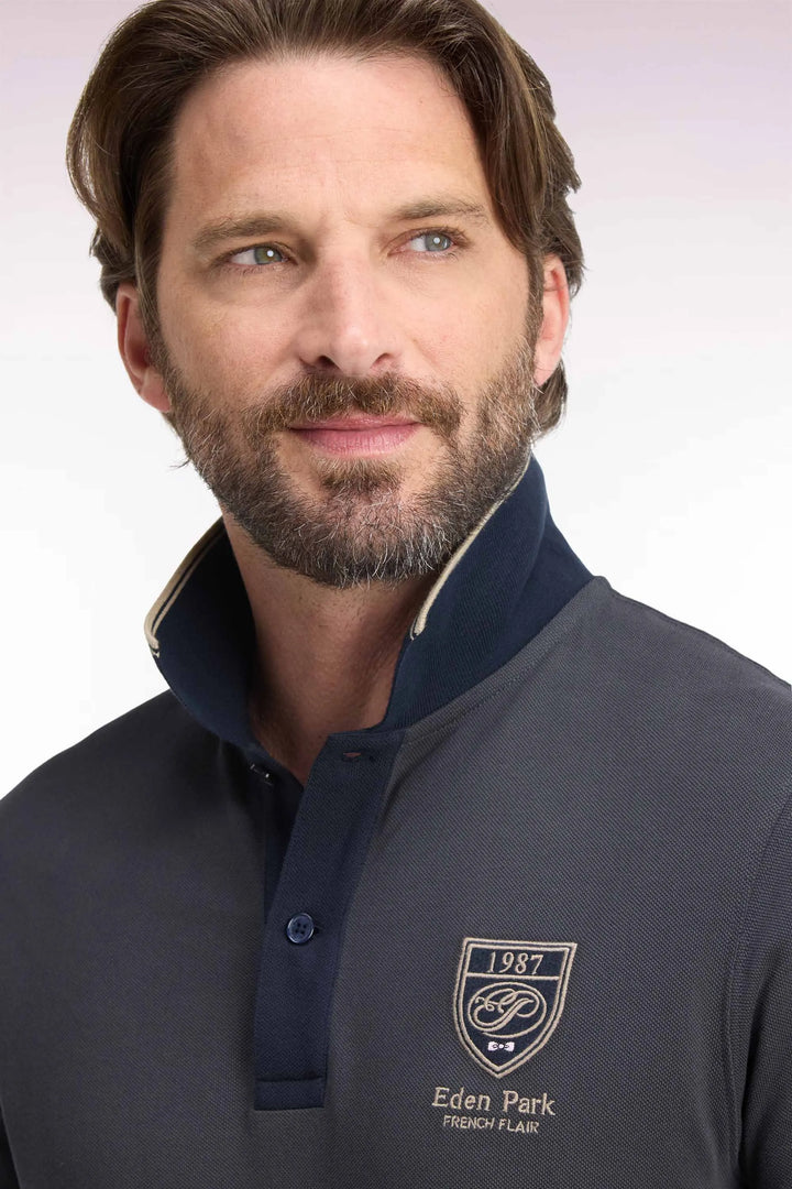 Short-Sleeved Polo Shirt in Dark Grey Cotton with Straight-Cut Patch