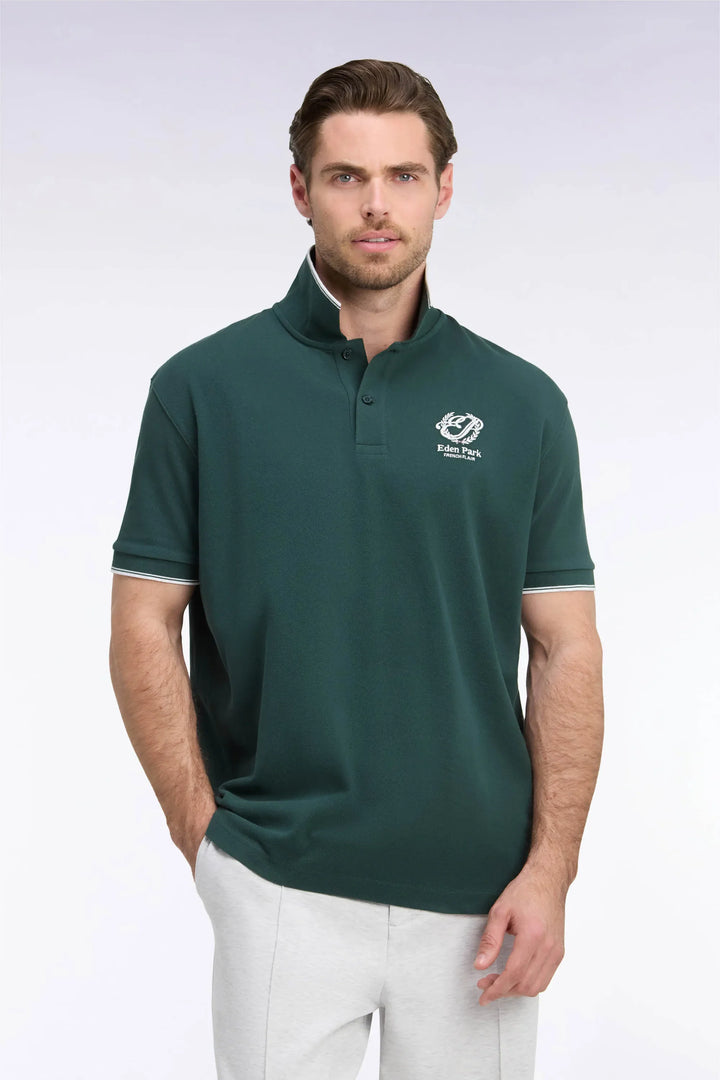 Short-Sleeved Polo Shirt in Green Cotton with Straight-Cut Patch