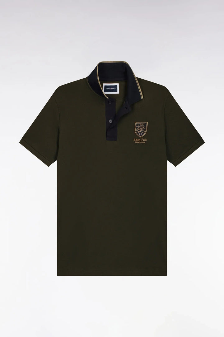 Short-Sleeved Polo Shirt in Green Cotton with Straight-Cut Patch