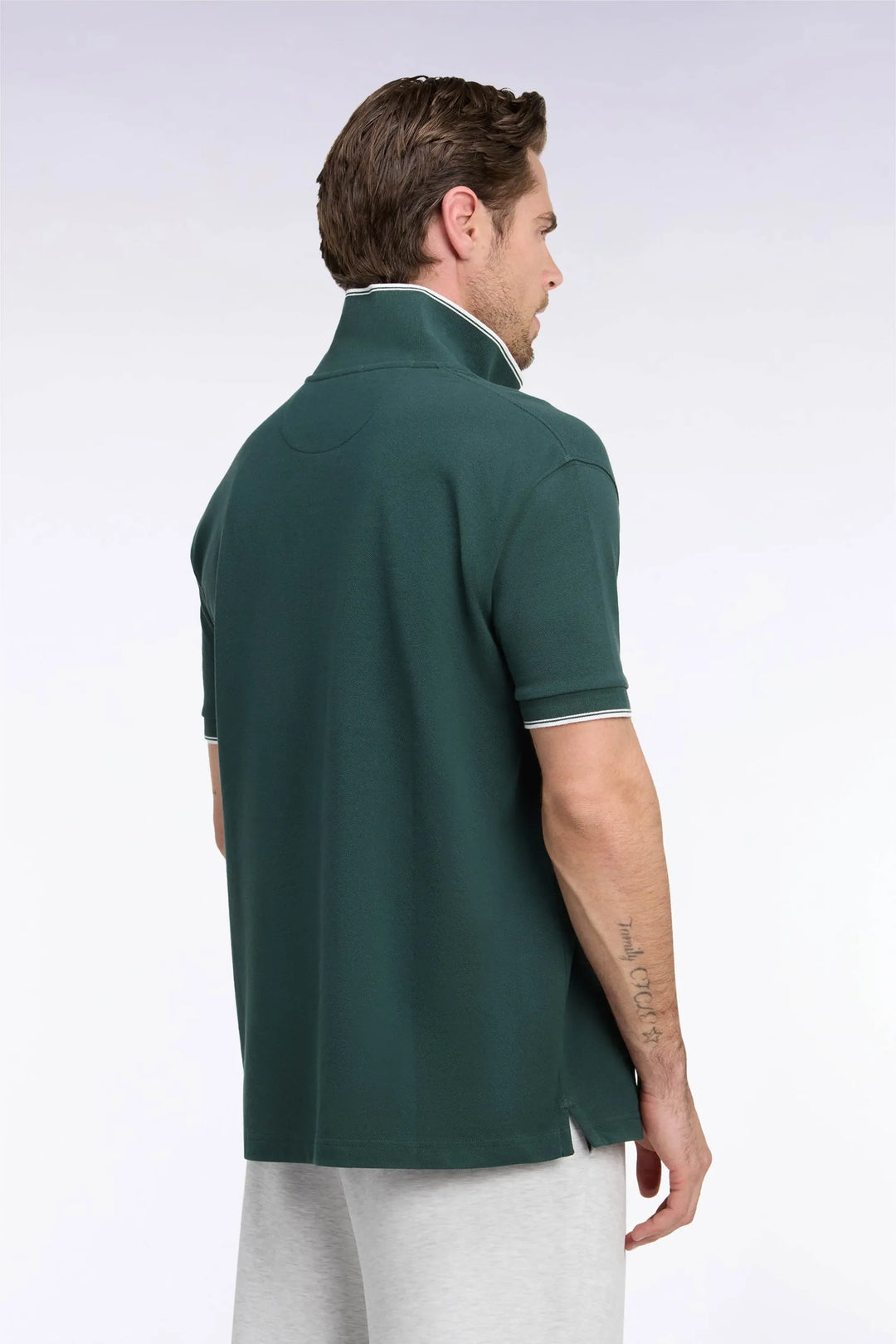 Short-Sleeved Polo Shirt in Green Cotton with Straight-Cut Patch