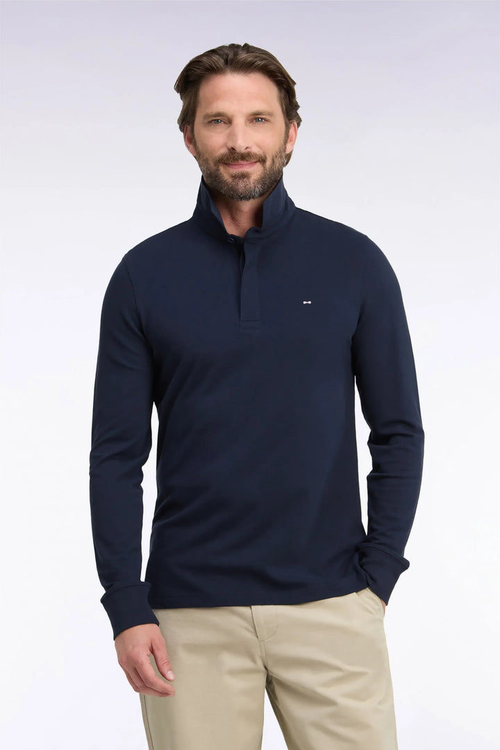 Slim-Fit Navy Stretch Cotton Long-Sleeved Polo Shirt